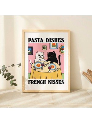 Fransız Öpücükleri ve Kedi Baskısı ile Makarna Yemekleri, Romantik Lokanta Posteri, Bistro Yemek Makarna Posterleri