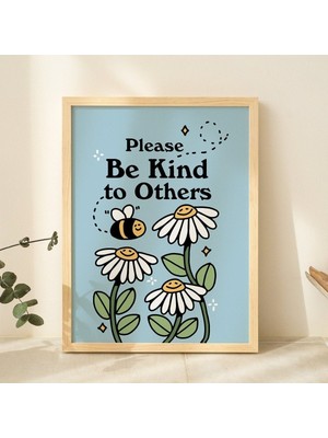 Çerçeveli Sevimli Çiçekler Poster Baskısı, Vintage Mavi Illüstrasyon, Arı ve Bitkiler Pozitiflik Baskıları