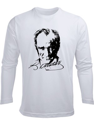 Uzun Kollu Atatürk Silüet ve Imza Baskılı Pamuklu Çocuk Tişört