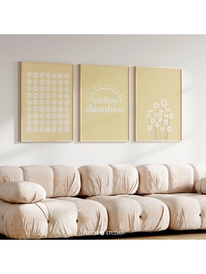 Pastel Sarı ve Beyaz Papatyalar 3'lü Set, Bohem Papatyalar Duvar Sanatı Seti