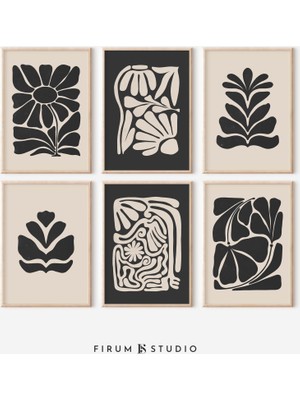 Siyah Bej 6'lı Set, Soyut Botanik, Orta Yüzyıl Galerisi, Sanat, 6'lı Set