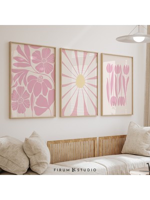 Pastel Pembe Soyut Çiçekli 3'lü Sanat Seti