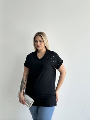 Stil Diva Büyük Beden Kadın Kısa Kollu V Yaka Basic T-Shirt Siyah Boncuklu Günlük Stil Rft-04