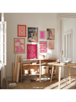 Canlı ve Sıra Dışı 8 Parçalı Sanat Seti - Modern Oturma Odası Için Eğlenceli Pembe | Eklektik Daire Duvar Dekoru | Galeri Seti |