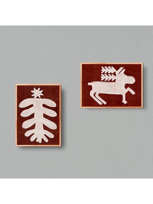 Noel Ev Dekorasyonu Poster Seti 2'li, Bordo Koyu Kırmızı Duvar Sanatı: Ağaç Ren Geyiği Sanat Seti