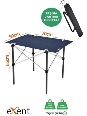 Exent 50X70 cm Kamp Masası Katlanabilir Masa, Piknik Masası, Siyah Taşıma Çantalı-Lacivert