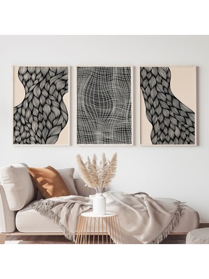 Çizgi Sanatı Çıplak 3'lü Set, Minimalist Galeri, Bej Siyah Duvar Sanatı, 3'lü Set