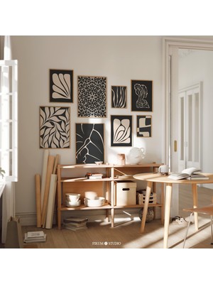 Şık Siyah ve Bej Soyut Botanik Sanat Seti - Estetik Dekor Için 8'li Modern Duvar Galerisi Seti | Sanat Galerisi |