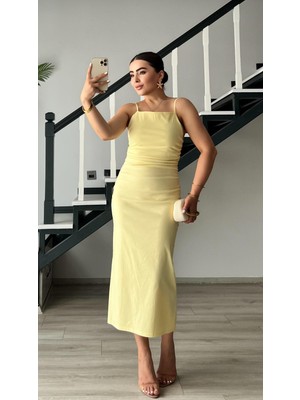 Sarı Büzgülü Ayarlanabilir Askılı Elbise