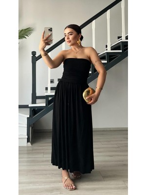 Siyah Straplez Büzgülü Elbise