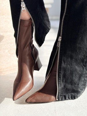 Nysea Kadın Topuklu Streç Bot Kahverengi Mat Deri