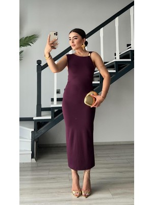 Mor Jarse Kumaş Aksesuar Detaylı Elbise