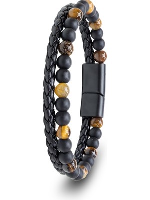 Çift Sıralı Oniks ve Kaplan Gözü Doğal Taş Erkek Bileklik