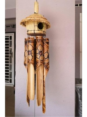 Otantik Hasır Kuş Yuvalı El Yapımı Doğal Bambu Çiçek Desenli Rüzgar Çanı Balkon Dekoru Ev Hediyesi