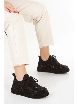 Kadın Siyah Işıltı Taşlı Yüksek Platform Tabanlı Sneaker