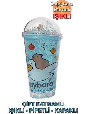 Capybara Çift Cidarlı, Işıklı, Pipetli, Kapaklı Bardak