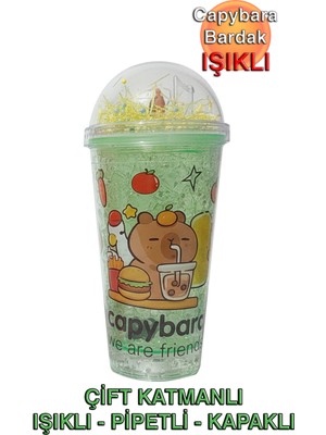 Capybara Çift Cidarlı, Işıklı, Pipetli, Kapaklı Bardak