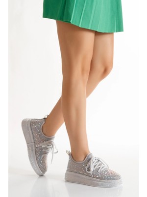 Kadın Gümüş Işıltı Taşlı Yüksek Platform Tabanlı Sneaker