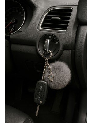 Peluş Pofuduk Ponpon Puf Gri Tüylü Ev Ofis Araba Telefon Cüzdan Çanta Anahtarlık Gold Aksesuarlı