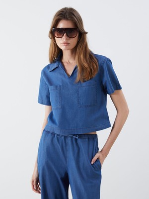 Lc Waikiki Yeni Sezon Gömlek Yaka Crop Jean Bluz