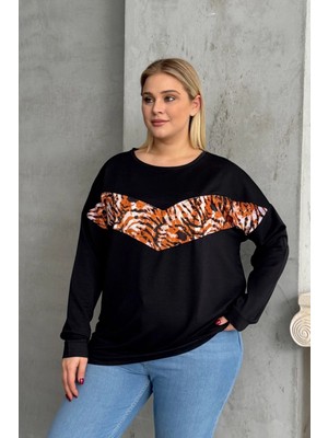 Büyük Beden Bisiklet Yaka Uzun Kollu Leopar Desenli Sweatshirt 300281