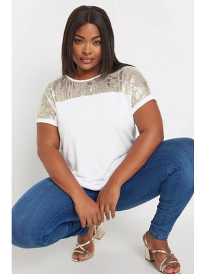 Büyük Beden Bisiklet Yaka Kısa Kollu Yakası Transparan Bluz 303427