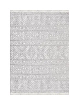 Aren Halı Grimma Geometrik Beyaz Polyester Kaydırmaz Tabanlı Makine Halısı