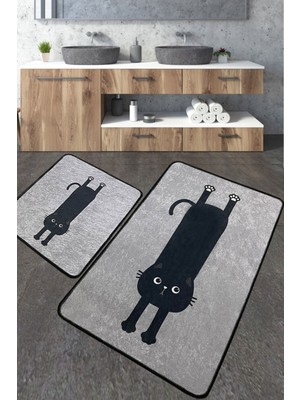Gri Banyo Halısı 2'li Set Yıkanabilir Kaymaz Konforlu Paspas
