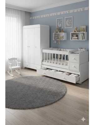 Banana Baby Miniboo 4 Çekmeceli Büyüyen Bebek Odası Takımı Beyaz Renkli Sallanır Beşik ve Üç Kapaklı Dolap
