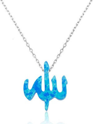 925 Ayar Gümüş Mavi Opal Taşlı Allah Yazılı Kadın Gümüş Kolye