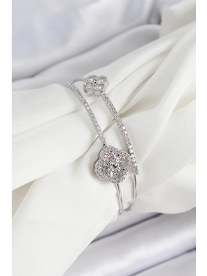 Pirinç Gümüş Renk Zirkon Taşlı Yonca Model 2'li Kadın Bileklik - Lisinya