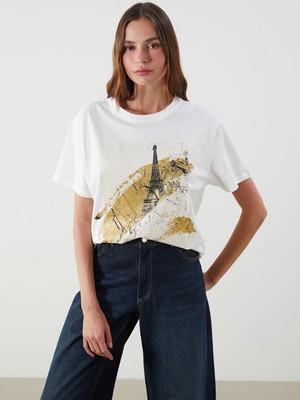 Lc Waikiki Yeni Sezon Bisiklet Yaka Baskılı Kadın Tişört