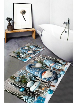 Sevimli Cüceler Mavi Yılbaşı Banyo Takımı ve Paspası Seti