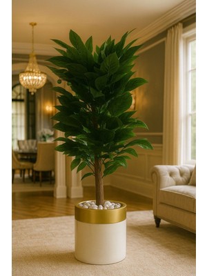 Yapay Ceviz Ağacı (150 Cm) Lux Beyaz Gold Saksı Dolomit Taşı Dahil