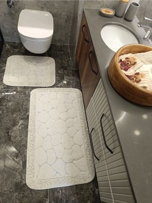 Yüzde Yüz Pamuk, 2'li Banyo Paspas Seti, Taş Deseni, Bej Renkli, Şık ve Kullanışlı