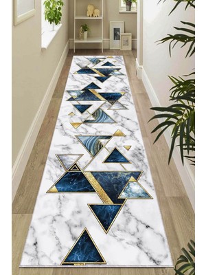 Mavi Geometrik Desenli Makinede Yıkanabilir Kaymaz Tabanlı Rulo Yolluk