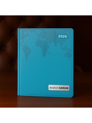 Isme Özel Turkuaz Dünya Baskılı Ajanda 2026 Tarihli - Isme Özel Kalem Hediyeli