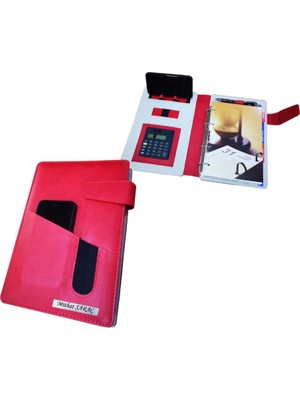 Isme Özel Mıknatıs Patlı Hesap Makineli Kırmızı Organizer Ajanda - Kalem Hediyeli