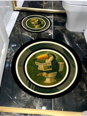 Renkli Yuvarlak Banyo Paspası, Gazete Okuyan Kuş Tasarımı, Modern ve Şık Seçenek