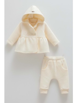 Love Hugs Yaka Nakışlı Kapüşonlu Üçlü Alt Üst Takım - Caramell  - TKK2032 - Ekru - 9 - 12 Ay - TKK2032-EKRU-9 - 12 Ay Ekru