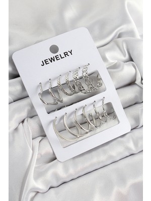 Pirinç Karışık Halka Model Gümüş Renk 6 Çift Kadın Küpe Set - Lisinya
