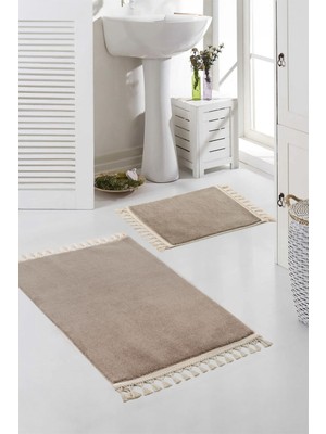 Yıkanabilir, Peluş, Kaymaz, Ponpon Saçaklı, 2'li Banyo Paspas Takımı, Kahverengi