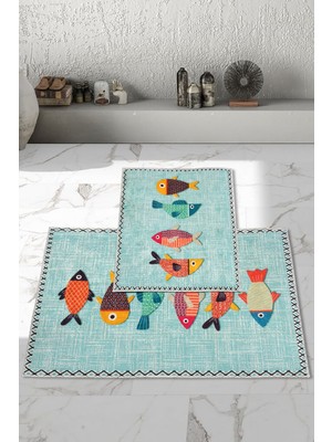 Kaymaz Tabanlı Yıkanabilir Banyo Halısı Takımı, Turkuaz, 2'li, 60X100 ve 50X60