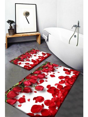Kırmızı Güller Desenli Yıkanabilir Kaymaz Taban 2'li Banyo Seti