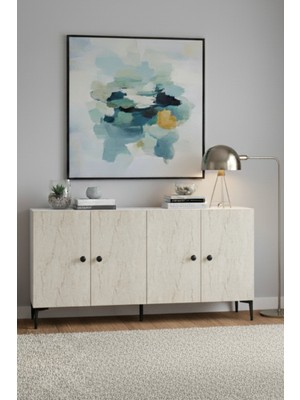 KA1518BT- Pella Konsol, Tv Sehpası, Çok Amaçlı Dolap 150CM Beyaz -Traverten