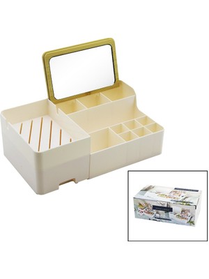 Aynalı Bambu - Çekmeceli Makyaj - Takı Organizer Sert Plastik 13 Bölmeli 28.5X17.5X9.5CM (5060)