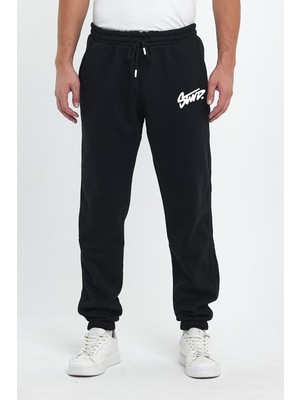 Stwd Baskılı Regular Kışlık 3 Iplik Şardonlu Beli ve Paçası Lastikli Siyah Jogger Eşofman Altı RF0545