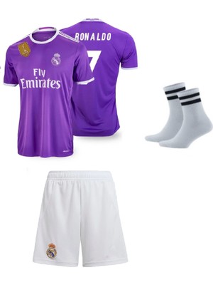 2016/17 Real Madri'd Ronaldo Mor Futbol Çocuk Forması 3'lü Set (Beyaz Şortlu) Çorap Hediyeli