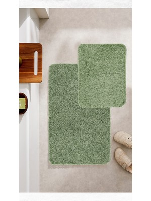 Yeşil Kıvırcık Shaggy Halı Seti, Kaymaz Taban, 2'li, 50X60 ve 60X100 Ölçü