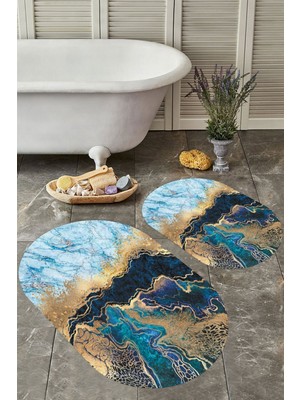 Mavi 2'li Oval Paspas Takımı, Kaymaz ve Yıkanabilir Banyo Paspası Seti